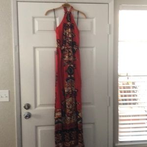 Orange tribal pattern halter maxi dress